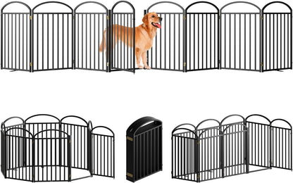 8 Panles Full Matel Freestanding Dog Gates with Door, 192"Extra Wide 32"Tall Free Standing Dog Pet Gate for Indoor & Outdoor. Foldable Pet Fences for Doorways, House, Stairs, Porch, Deck, Yard