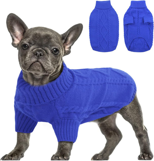 Queenmore Small Dog Pullover Sweater, Cold Weather Cable Knitwear, Classic Turtleneck Thick Warm Clothes for Chihuahua, Bulldog, Dachshund, Pug (Royal Blue, X-Small