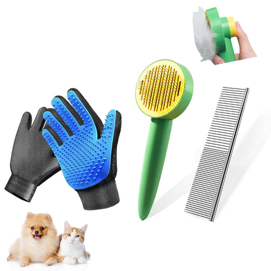 Dog & Cat Brush,Pet Grooming Kit 4PCS- Dog Brush for Shedding| A Pair Pet Hair Removal Gloves| Metal Comb for dog.Removes Undercoat, Loose Hair, Tangled, Dirt and Massages. All hair Types