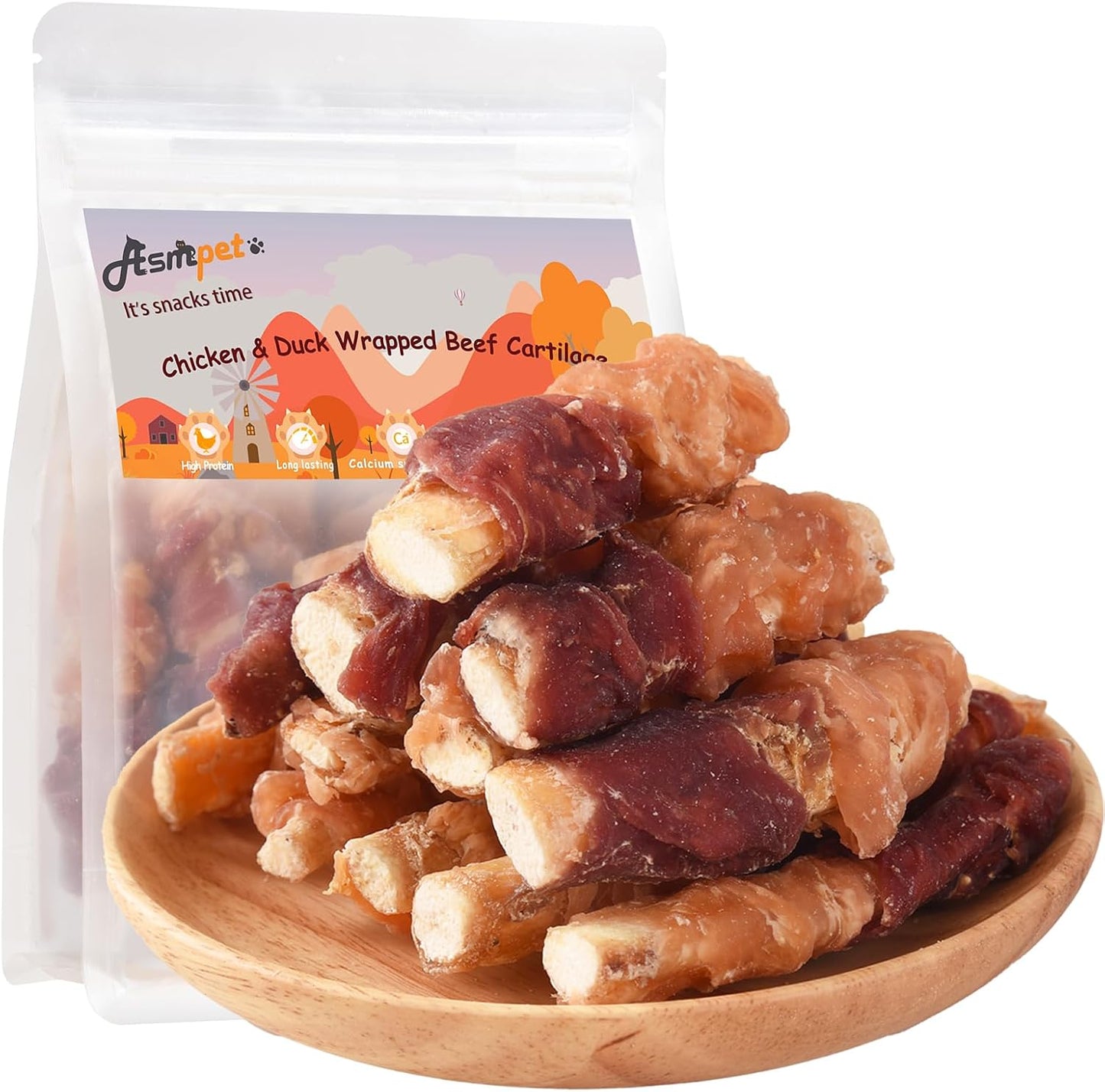 ASMPET Dog Treats, Chicken & Duck Wrapped Beef Cartilage, Rawhide Free & Grain Free Dog Snacks