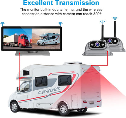 RV Wireless Backup Cameras with 10.26 inch Touch Monitor for Car Truck Trailer Bus Camper Motorhome, DVR Video Recording, Infrared Night Vision, Two Rear Side Wide View Back Up Camera Split Screen