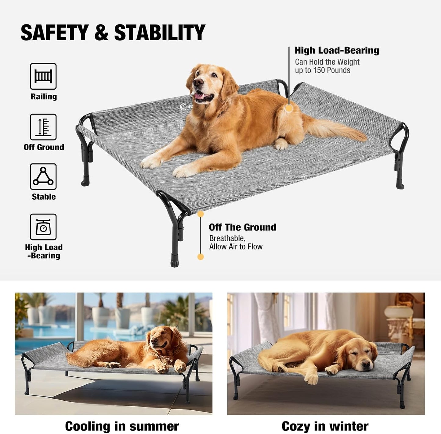 Veehoo Cooling Elevated Dog Bed, Raised Pet Cot with Guardrail & Slope Headrest, Durable Breathable Teslin Mesh, Non-Slip Feet, Washable Dog Couch Bed for Indoor & Outdoor, 39.5" x 28", Black Silver