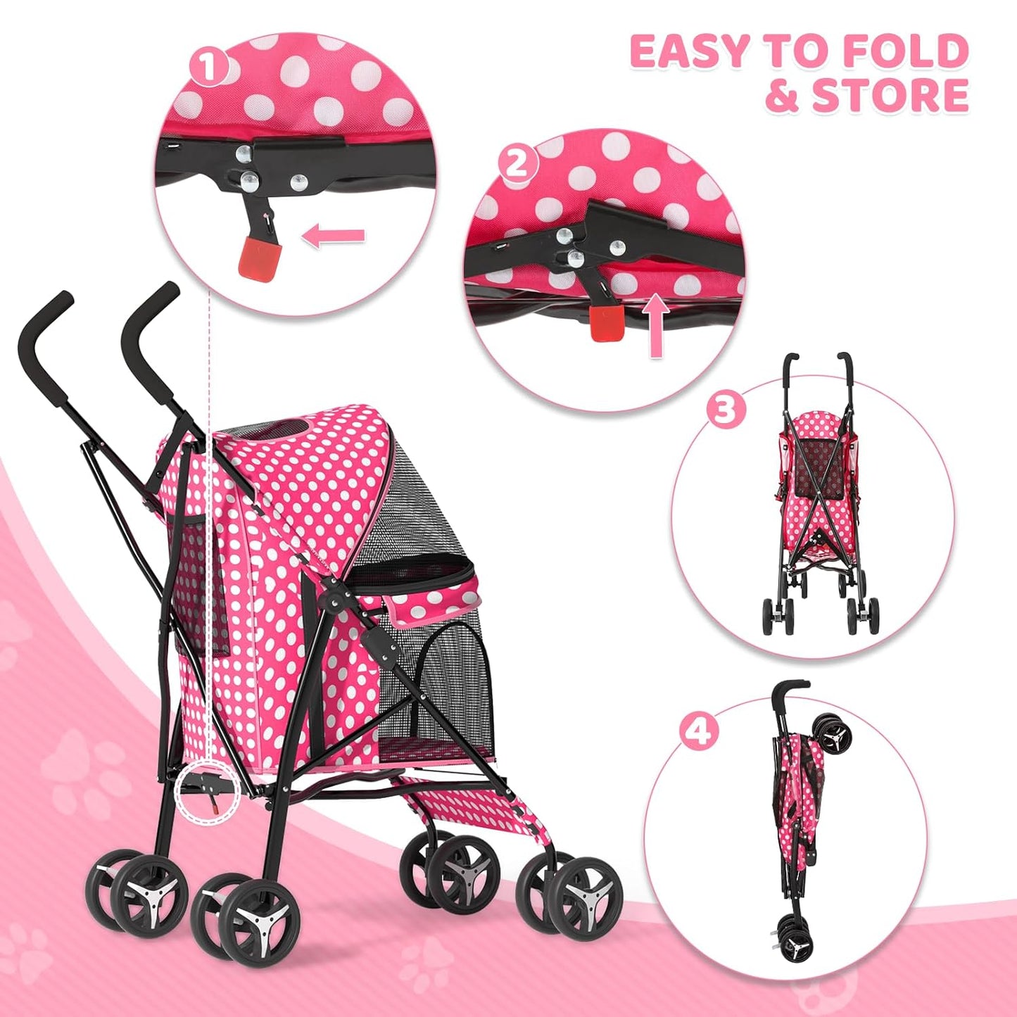 Magshion Compact Pet Stroller for Small-Medium Dogs/Cats up to 22lbs, 4-Wheel Lightweight Umbrella Shaped Portable Puppy Travel Jogger with Breathable Mesh & Rear Storage, Pink Polka Dots