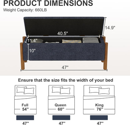 Storage Ottoman Bench, End of Bed Bench for Bedroom, 47" Boucle Upholstered Entryway Shoe Seat Bench, Holds up to 660 lb Storage Ottoman, Padded Blanket Chest Stool Foot Rest for Living Room Blue