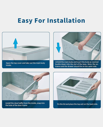 Cat Litter Box with Litter Mat and Scoop, Large Foldable Litter Box with Lid, Front Entry Top Exit Kitty Box, Odor Control, Easy to Clean (Blue)