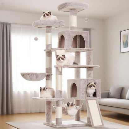 Cat Tree for Indoor Cats, 71'' (180cm) Multi-Level Cat Tower for Large Adult, Sturdy Cat Tree House with 2 Scratching Boards 7 Posts, 2 Plush Perches/Condos, Hammock, Muchroom GCT032MU