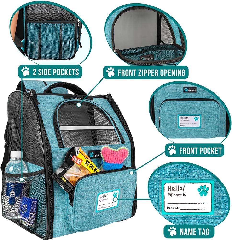 PetAmi Dog Backpack Carrier for Small Large Cat, Pet, Puppy, Ventilated Pet Hiking Backpack Travel Bag, Airline Approved Cat Backpack Carrier, Camping Biking Dog Bag Up to 18lbs Pet, Teal Turquoise