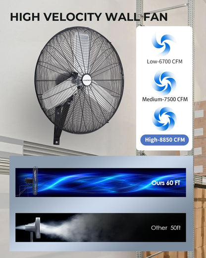 30 inch Wall Mount Fan Oscillating, 3-Speed 8850 CFM High Velocity Industrial Wall Mounted Fan, Heavy Duty Air Circulator for Garage, Shop, Gym, Workshop, Covered Patio - UL Listed