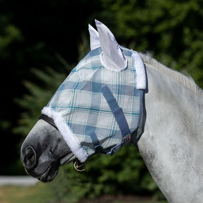 Schneiders Dura-Mesh Plaid Fly Horse Mask with Ears | Ultra-Durable 1000D Mesh | 70% UV Protection | Breathable Open Weave | Color Blue Plaid | Size Cob