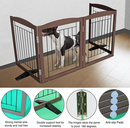 ZJSF Freestanding Dog Fence Indoor, Foldable Dog Gate for Doorways, Stairs or Hallways, Sturdy Wood Extra Wide Pet Gate with Support Feet for The House, Brown, 32 "Height-4 Panels