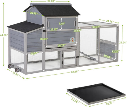 COZIWOW 82" Large Wooden Chicken Coop, Outdoor Rabbit Hutch, Guinea Pig Pet House with Wheels, Sunshine Board, Asphalt Roof, Ramp, Openable Top, Door, Window, Pull-Out Tray, Indoor Bunny Cage (Gray)