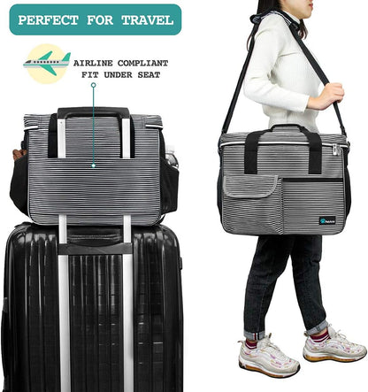 PetAmi Dog Travel Bag - Travel Pet Organizer with Food Container and Bowls, Perfect for Weekend Camping, Cat Diaper Bag (Stripe Black, Medium)