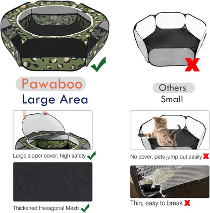 Pawaboo Small Animals Playpen, Waterproof Small Pet Cage Tent with Zippered Cover, Portable Outdoor Yard Fence with 3 Metal Rod for Chick/Kitten/Puppy/Guinea Pig/Rabbits/Hamster, Leopard Print