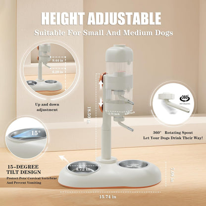 Pet Bowls,15°Tilted Puppy Food Bowls with Puppy Weaning Bottles,3 in 1 Height Adjustable Water Dispenser for Dogs,Pet Food Bowls for Ferrets,Cats,Rabbits and Small Sized Dogs(White)