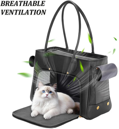 Fashion Pet Carrier Purse for Small Cat and Dog, Luxury Pu Soft-Sided Tote Bag with Large Pockets for Dogs and Puppies (Black, 15.8" L x 7.5" W x 11.8" H)