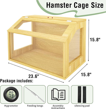 24" Wooden Hamster Cage, Chewproof Gerbil Cages and Habitats, Openable Top Roof Window with Silencing Pad, Guinea Pig Cage for Small Animals, Dwarf and Syrian Hamster, 24 x 16 x 16 Inches
