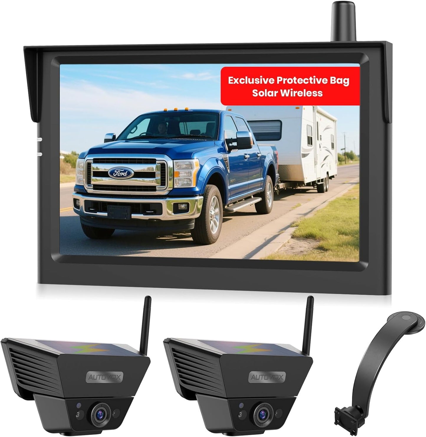 AUTO-VOX Wireless Backup Camera Kit: 5" Monitor, Dual Solar 5A Cams, Bendable Mount ??Dual View for RV, Horse/Boat Trailer, Cargo, Campsite & Safe Parking