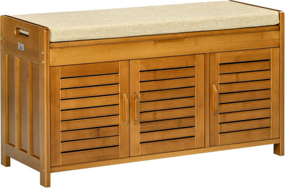 Shoe Bench with Storage Cabinets, Bamboo Entryway Bench with Seating Cushion, 3 Doors and Hidden Compartment for Hallway, Brown