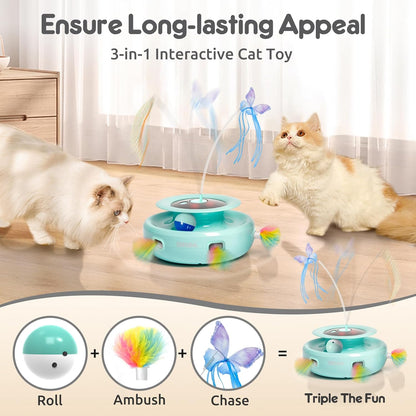ORSDA Cat Toy, 3-in-1 Automatic Interactive Electronic Moving Ambush Feather, Fluttering Butterfly, Track Balls, USB Rechargeable Powered Smart Indoor Exercise Kicker