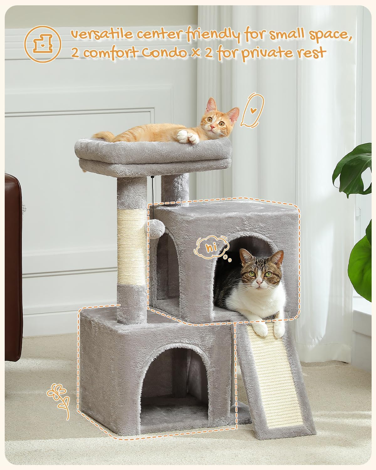 PAWZ Road Cat Tree, 30 Inches Cat Tower with Dual Condos for Indoor Cats, Plush Cat House with Padded Perch, Scratching Ramp and Posts and Replaceable Balls-Gray