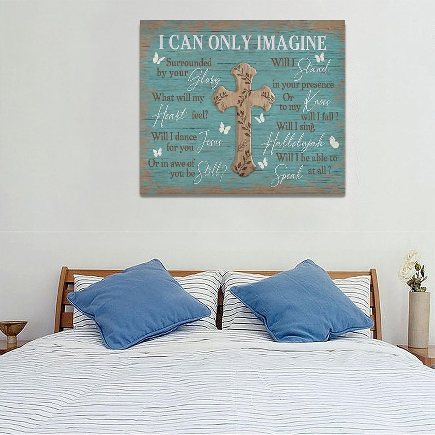 Rustic Christian Cross Wall Art I Can Only Imagine Pictures Farmhouse Butterfly Wall Decor Teal Motivational Canvas Print Painting Artwork for Bathroom Living Room Bedroom 20"x24"