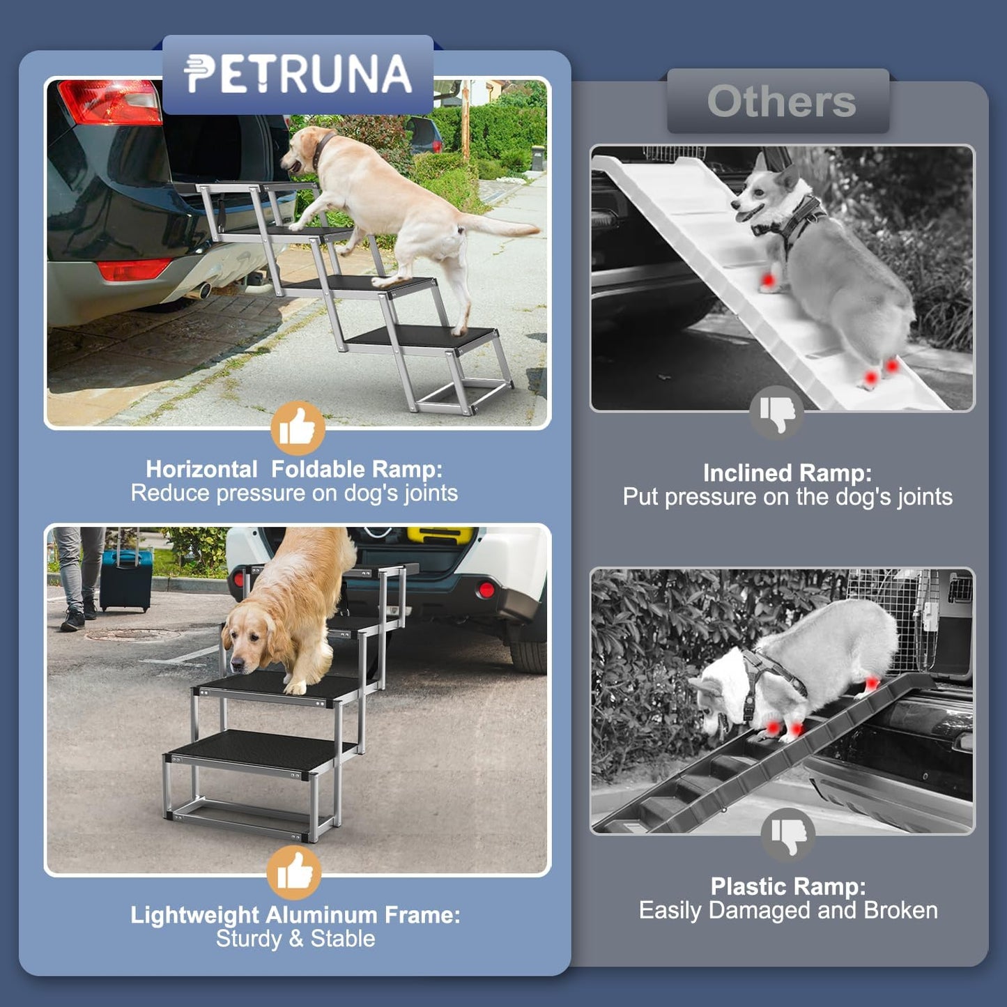 Dog Stairs for Car, Foldable Dog Ramp for Car with Non-Slip Surface, Portable Stairs Aluminum SUV, High Beds, Truck, Supports up to 150 lbs, 4 Steps