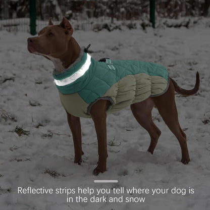 FUAMEY Dog Coat for Large Dogs,Waterproof Dog Winter Jacket with Harness Built in Puppy Cold Weather Coats Reflective Pet Vest with Zipper Warm Fleece Dogs Snowsuit Windproof Mint Green XXXL
