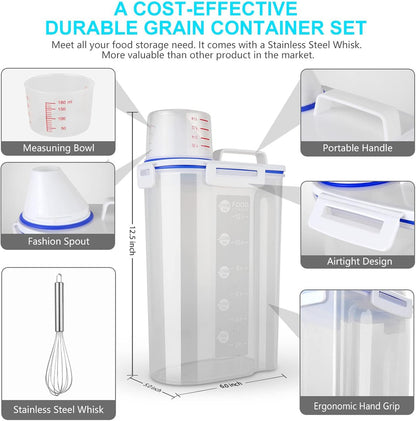 Rice Airtight Dry Food Storage Containers, BPA Free Plastic Sealed Holder Bin Dispenser with Pouring Spout, Measuring Cup for Cereal, Flour and Oatmeal, Include a Stainless Steel Whisk