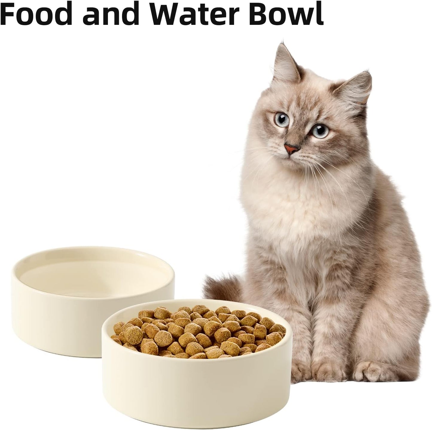 Ceramic 5.1inch Set of 2 Dog and Cat Bowls, 2pcs Anti-Slip Food and Water Feeder Dishes for Puppies, Kitties, Cats(2 Bowls, Beige)