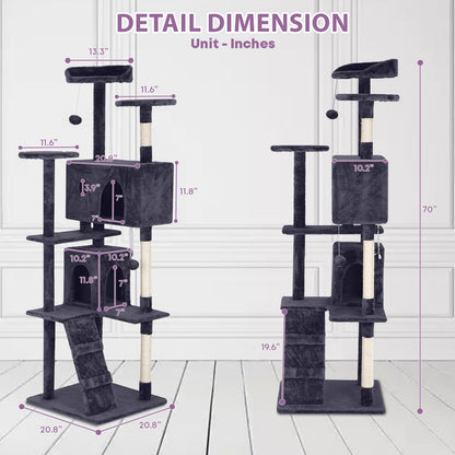 70 Inches Cat Tower for Indoor Cats, Multi-Level Cat Condos with Scratching Posts, Hanging Toys, Ashy