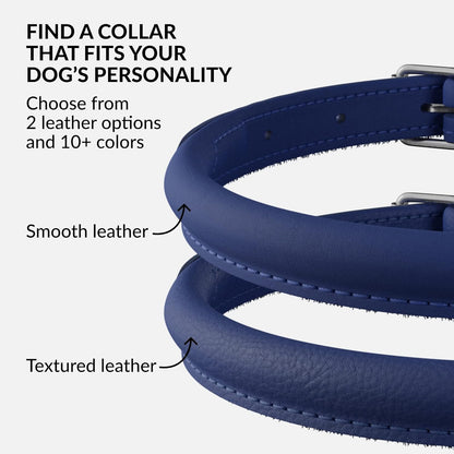 CollarDirect Rolled Leather Dog Collar, Soft Padded Round Puppy Collar, Handmade Genuine Leather Collar Dog Small Large Cat Collars 13 Colors (13-16 Inch, Deep Blue Smooth)