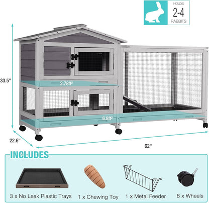 62" Rabbit Hutch with Chew-Proof Ramp & Waterproof Roof - Indoor/Outdoor Bunny Cage, 2-Story Design, 6 Lockable Caster Wheels & Dual Pull-Out Trays (Grey)