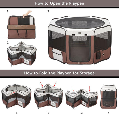 DONORO Dog Playpen Portable Pet Play Pens for Small Dog/Cat/Rabbit/Chicks, Cat Playpen Indoor/Outdoor with Carring Case, Removable Zipper Top and Bottom (Brown, Medium (35"x35"x20"), 8)