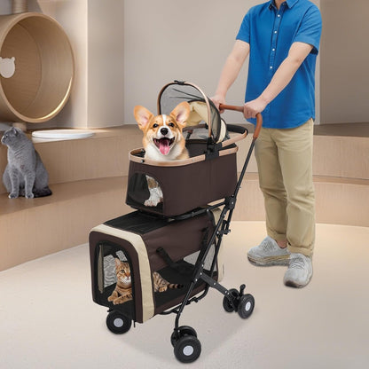 Double Pet Stroller for Dogs and Cats, Foldable Dog Stroller Travel Carriage with Detachable Carriers, Safety Belts, and 4 Lockable Wheels for Small to Medium Pets (Coffee Color)