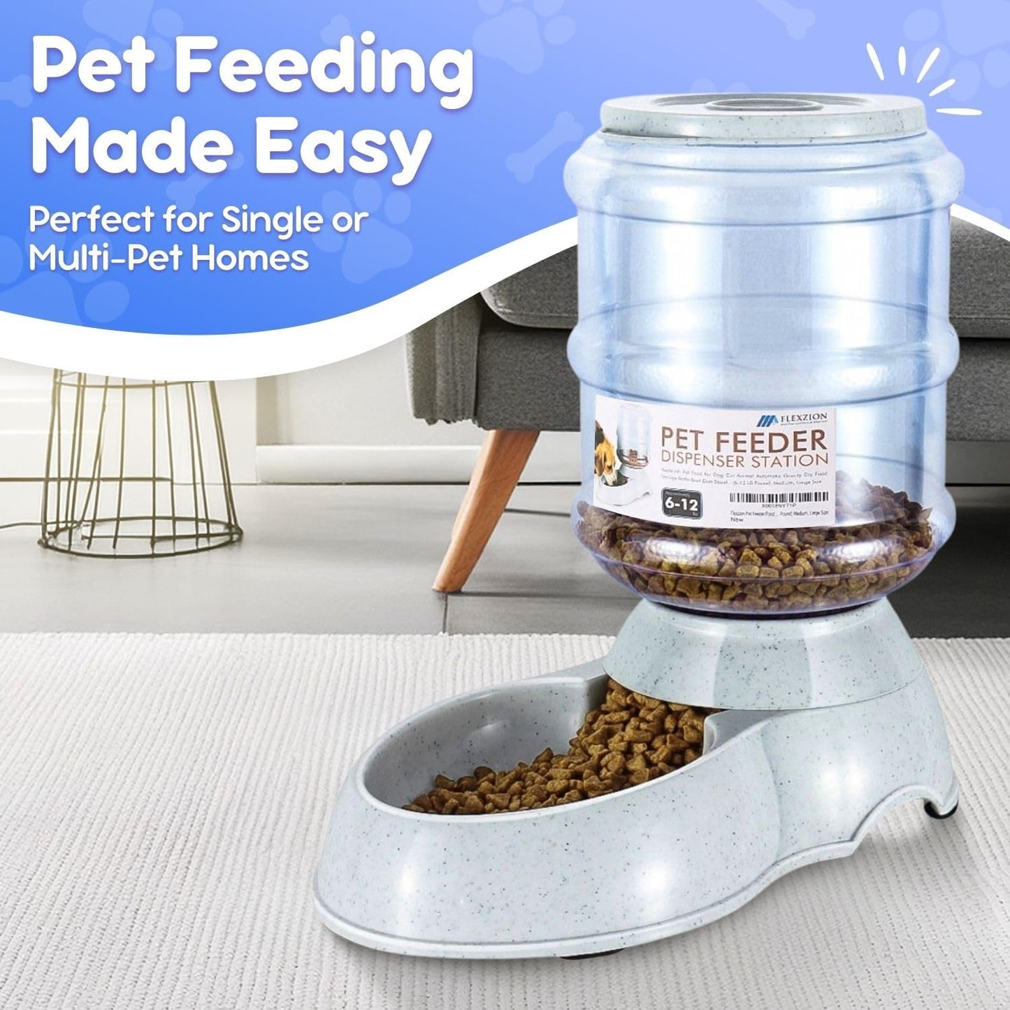Flexzion Gravity Pet Feeder Food Dispenser (6-12 lb Size) Automatic Replenish Dry Food Storage Container Bowl for Small Medium Breed Dog Cat Animal Feeding Watering Fountain Supplies