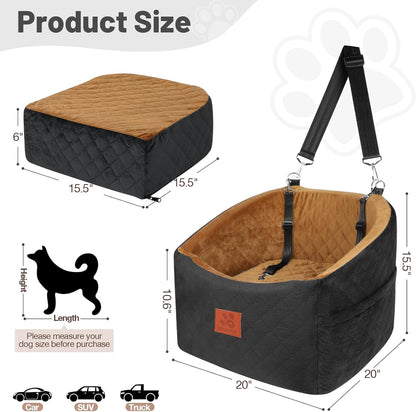 Dog Car Seat for Small Medium Dogs, Memory Foam Booster Car Seat for Dogs up to 35 lbs, Elevated Pet Car Seat, Travel Bed with Washable Removable Cover and Storage Pockets (Black/Coffee)