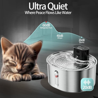 Pumpless Cat Water Fountain Stainless Steel Battery Operated, 108oz/3.2L Wireless Pet Water Fountain, Cordless Automatic Dispenser with 2 Replacement Filters for Cats, Dogs, Multiple Pets