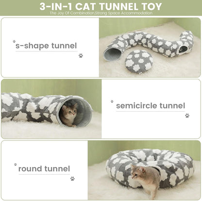 Cat Tunnel Bed for Indoor Cats,Soft Peekaboo Cave Cat Donut Tunnel with Washable Circle Cushion Central Mat, 3 Ways Shaped Round Pet Play Tunnel Toy for Kitten Puppy Rabbit Ferret Yellow