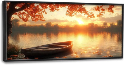 Large Lake Sunrise Landscape Wall Art for Living Room, Nature Boat Canvas Oversized Wall Decor, River Scenery Framed Pictures Painting Print Artwork for Bedroom Office 60"L x 30"W