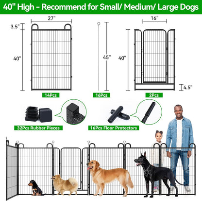 Dog Playpen Outdoor 16 Panels Heavy Duty Dog Fence 40" Height Anti-Rust with Doors Portable for RV Camping Yard, Total 36FT, 102 Sq.ft, Snowy Black