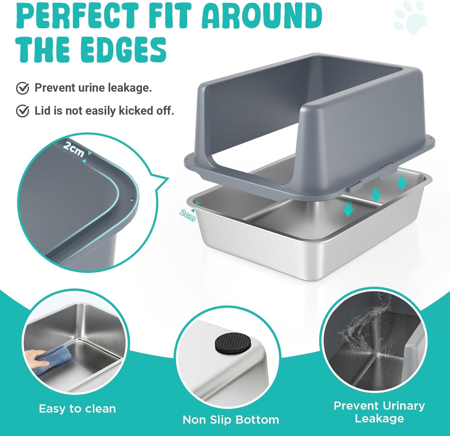 Litter Box with Lid, Stainless Steel Litter Box, 10" Metal Litter Tray High Sides, Small Litter Pan for Kittens, Enclosed Cat Litter Pan, Non-Sticky Covered Grey, Easy Clean
