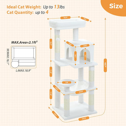 PETEPELA 45.7" Cat Tree for Large Cats, 5-Level Cat Tower for Indoor Cats with Large Hammock (17.3"x15.3"), Cat Condo with (18.5"x13") Big Top Perch & 4 Sisal Covered Scratching Post, White