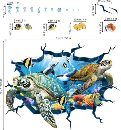 decalmile 3D Under The Sea Turtle Wall Decals Underwater Ocean Fish Broken Wall Stickers Kids Bedroom Living Room Bathroom Wall Decor