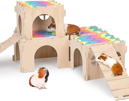 Guinea Pig Hideout, Guinea Pigs House with Stairs and Mats Extra Large Guinea Piggy Castle Detachable Hideouts for Small Animals Wooden Guinea Pig Habitats with Multiple Doors and Windows