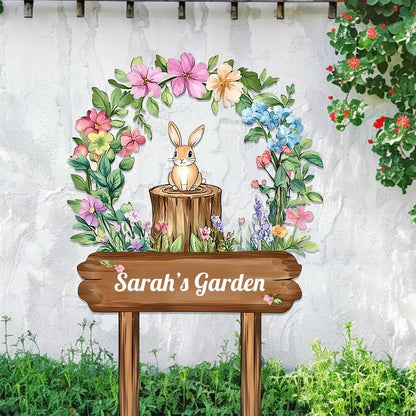 Personalized Rabbit Metal Sign with Stake,Custom Gardener Last Name Signs Outdoor Decor,Customized Flowers Gardening Birthday Gifts,Cute Animal Plaques for Patio Lawn Porch Backyard Farmhouse Outside