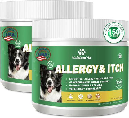 Dog Allergy Relief Chews, Dog Itch Relief Chews for Large Dogs Paw Licking Itchy Skin, Probiotics with Astragalus Omega-3 for Seasonal Allergies Coat Immune Supplement-300ct