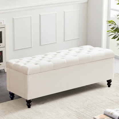 Ottoman with Storage,50.2-inch Upholstered End of Bed Storage Bench for Bedroom,for The Living Room,for Entryway, with Button and Safety Hinges,Detachable (White)