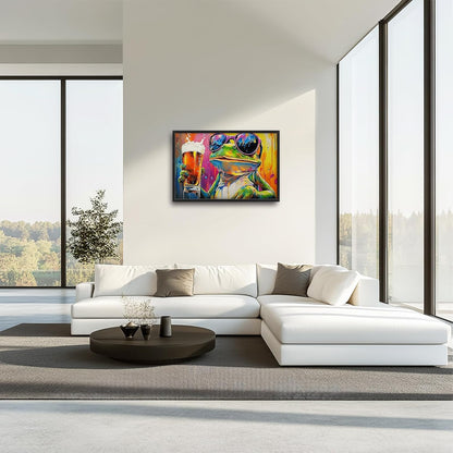 Large Graffiti Frog Wall Art for Living Room, Framed Oversized Funny Frog Beer Wall Decor Colorful Animal Canvas Painting Modern Artwork for Bathroom Bedroom Office Dining Room 36"x24"