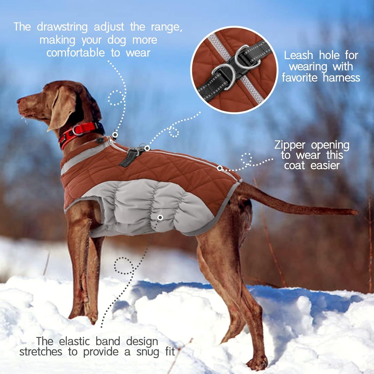FUAMEY Dog Coat for Large Dogs,Waterproof Dog Winter Jacket with Harness Built in Puppy Cold Weather Coats Reflective Pet Vest with Zipper Warm Fleece Dogs Snowsuit Windproof Brown XXXL