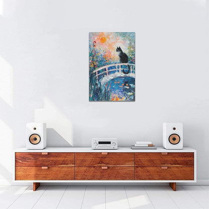 Quorin Black Cat Wall Art Water Lily Sunset Pictures Cat Wall Decor Impressionism Canvas Print Painting Artwork for Bathroom Living Room Bedroom 16"x24"